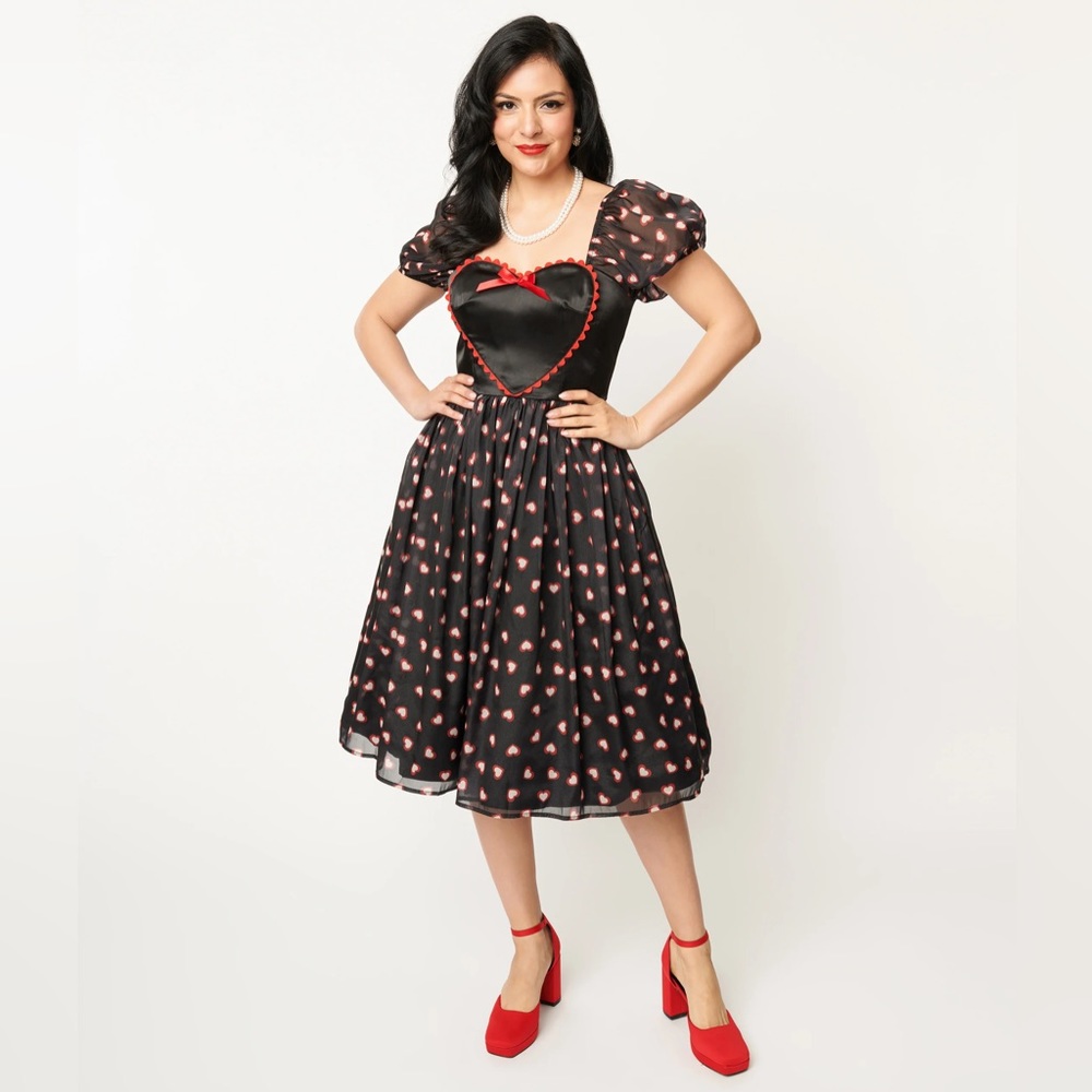Unique Vintage Red & Black Heart Puff Sleeve Valentine’s Day Pinup Dress